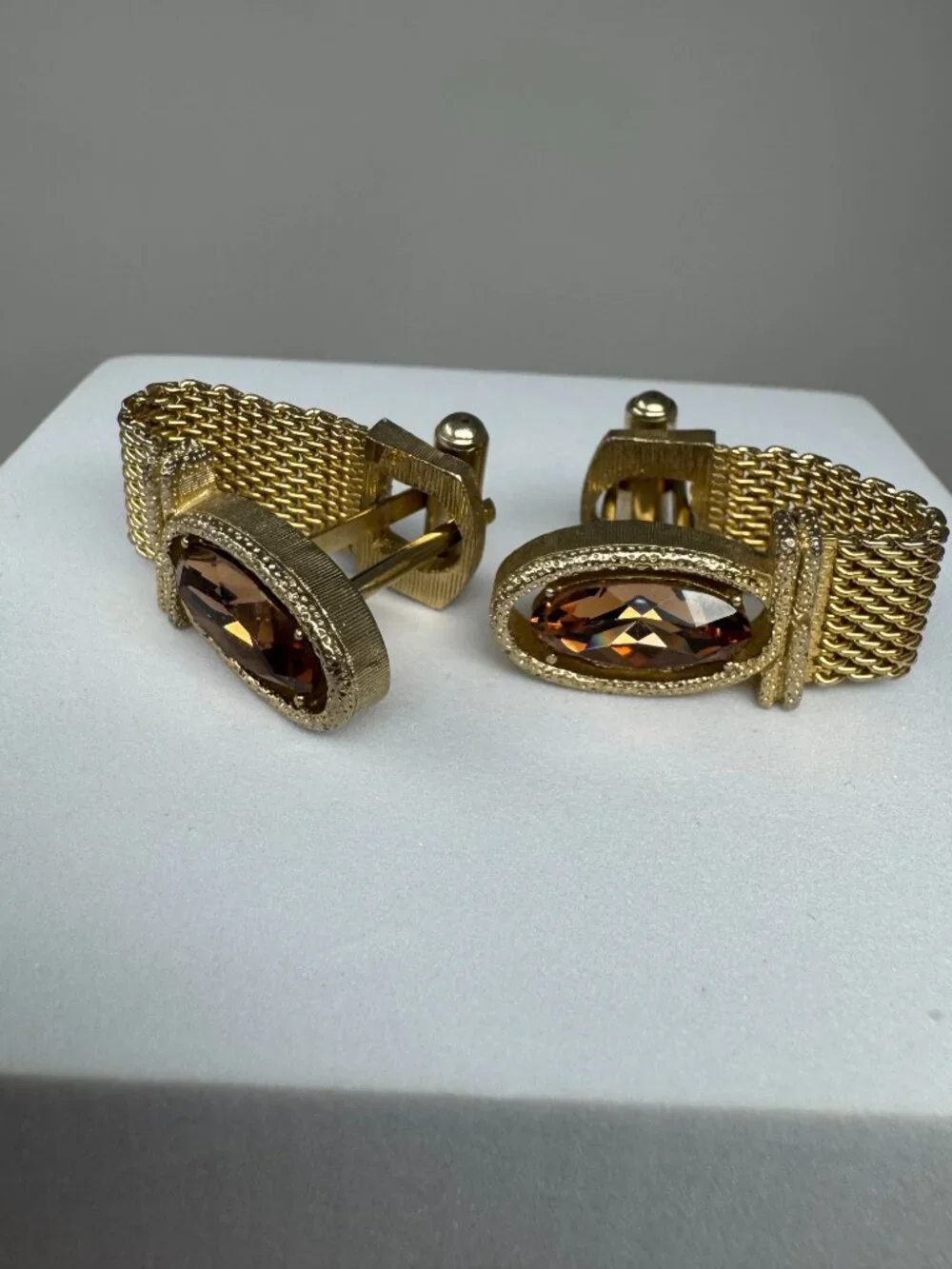 Vintage Gold Tone Mesh Wrap Cufflinks Amber Glass Mid-Century